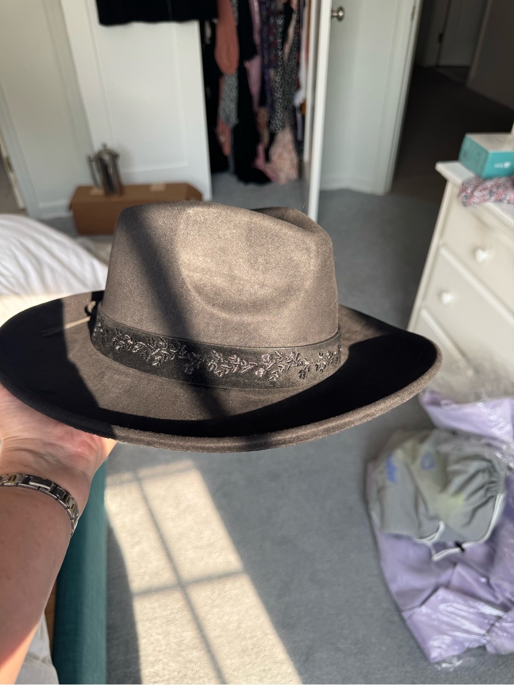 Anthropologie Black Wide-Brim Wool Fedora with Embroidered Band